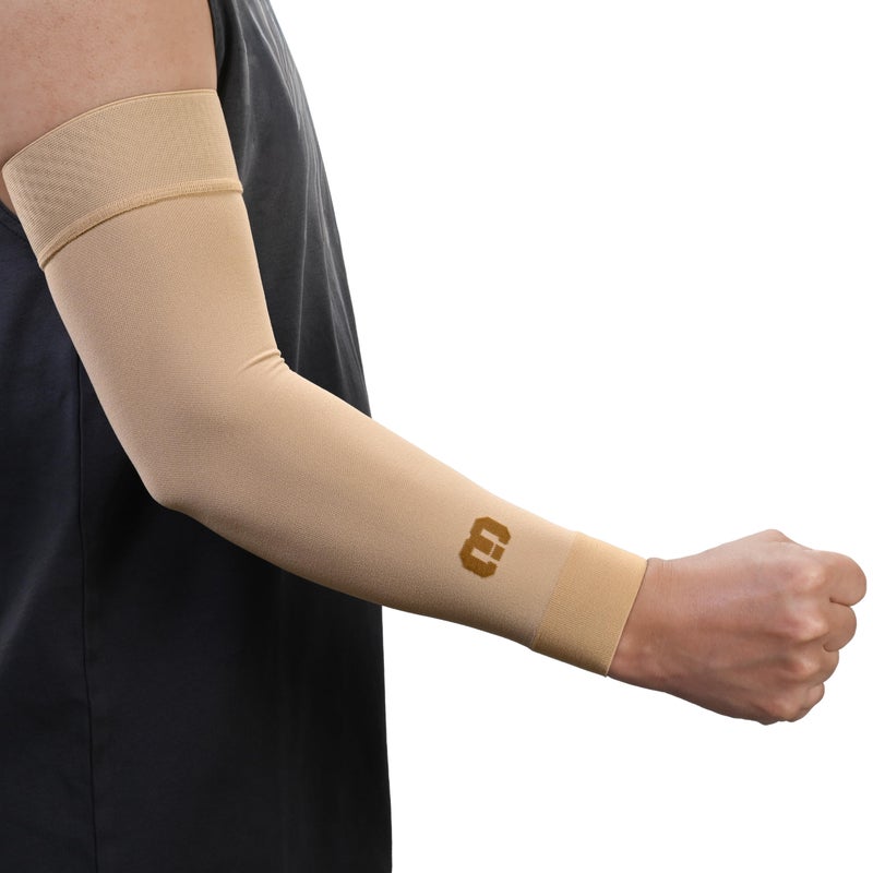 MGANG Lymphedema Compression Arm Sleeve for Women Men Opaque 2030 mmHg Compression Full Arm Support with Silicone Band Relieve Swelling Edema Post Surgery Recovery Single Beige M
